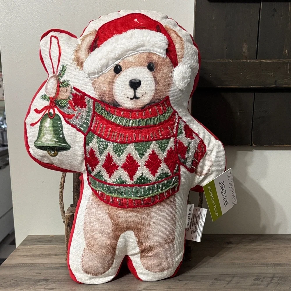 NWT! Jingles & Joy Beaded Teddy Bear Shaped with Bell Christmas Throw Pillow